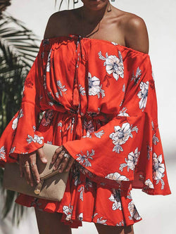 Red Flowers Printed Off Shoulder Mini Dress