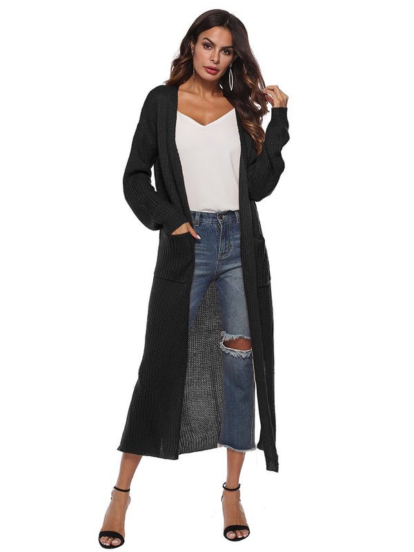 Open Front Long Sleeves Pocketed Knitted Cardigan Coat