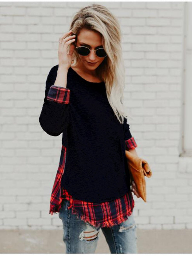 Stitching Plaid Round Neck Long Sleeves T-shirt