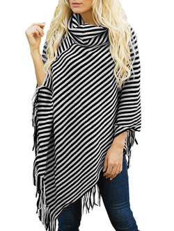 Striped Cape With Turtleneck Knitted Pullover