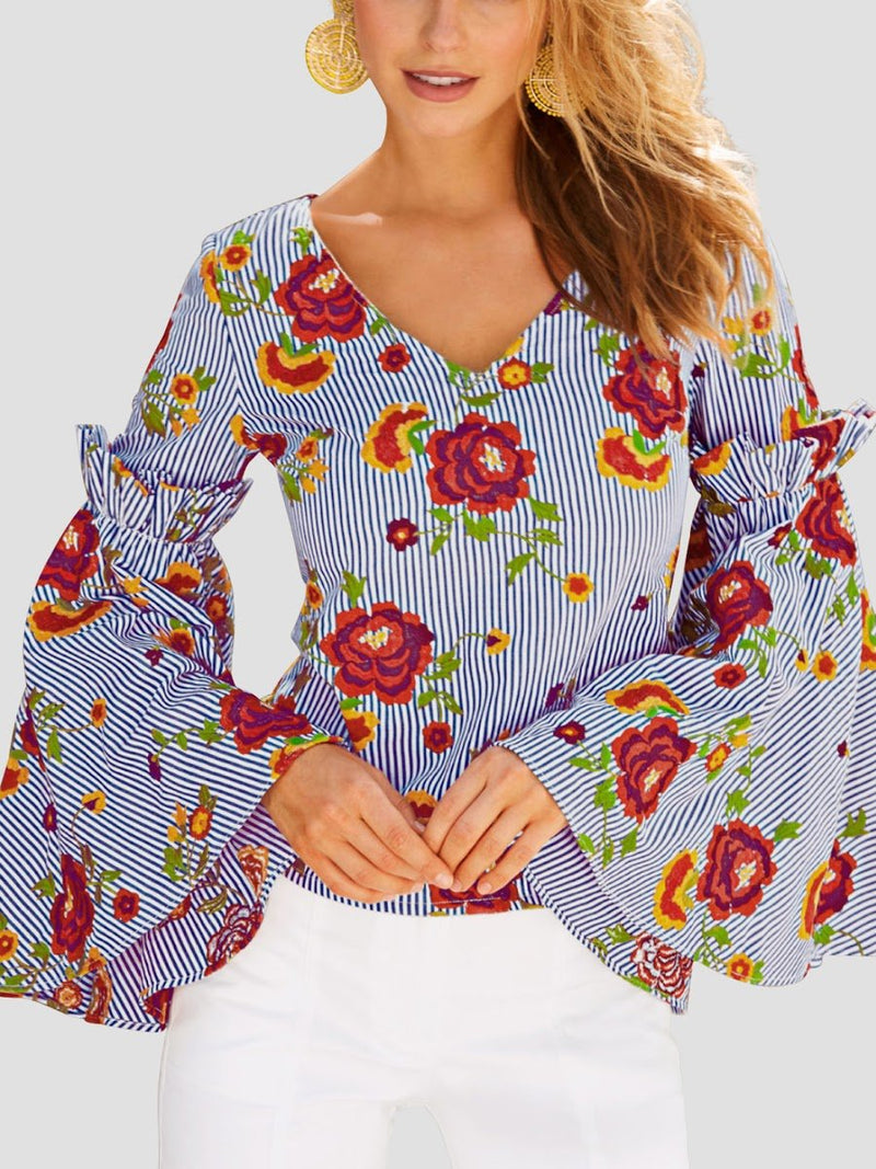 Flare Sleeve Floral Deep V-neck T-shirt - Landing Closet