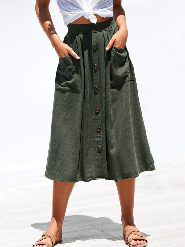 A-lined Buttons Knee Length Midi Skirt with Pockets - Landing Closet