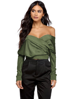 Green Half Sleeve Plain Sexy Off Shoulder Top - Landing Closet