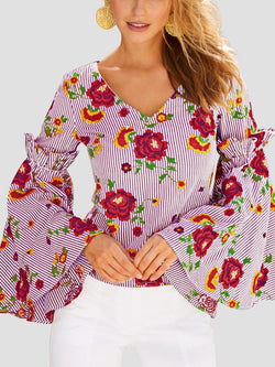 Red Flare Sleeve Floral Deep V-neck T-shirt