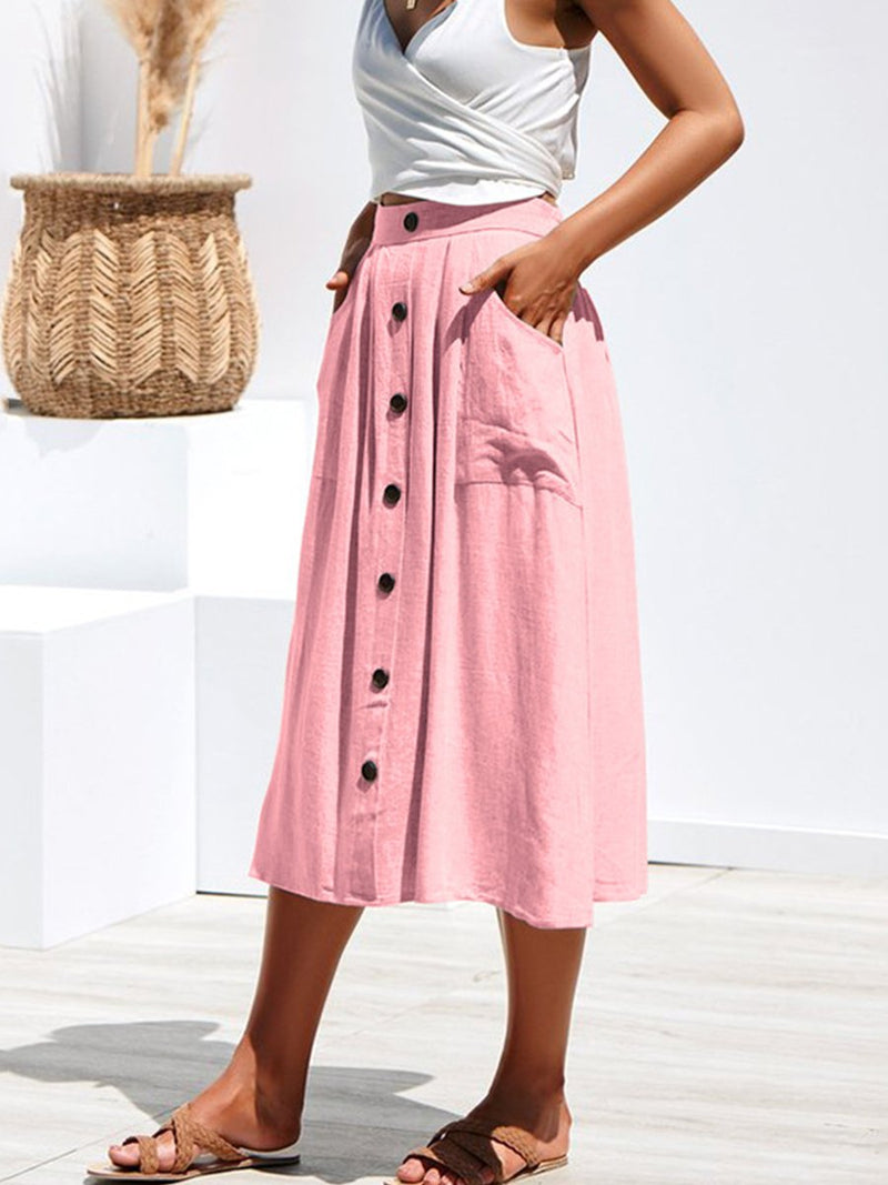 A-lined Buttons Knee Length Midi Skirt with Pockets - Landing Closet