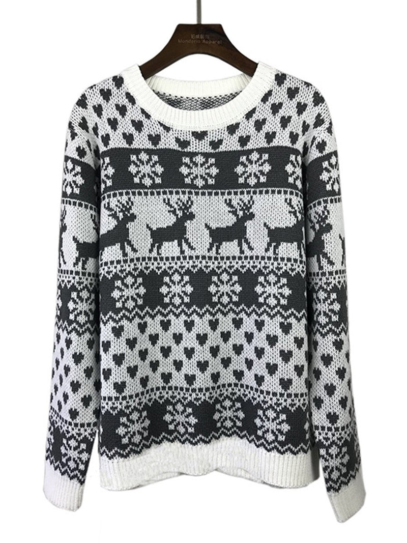 Long Sleeves Elk Snowflake Knitted Pullover Sweater