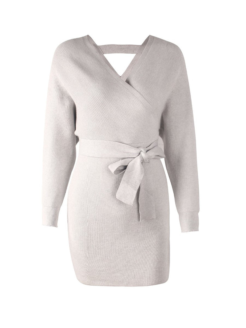 V-neck Knit Waist Belt Long Sleeves Sweater Dress