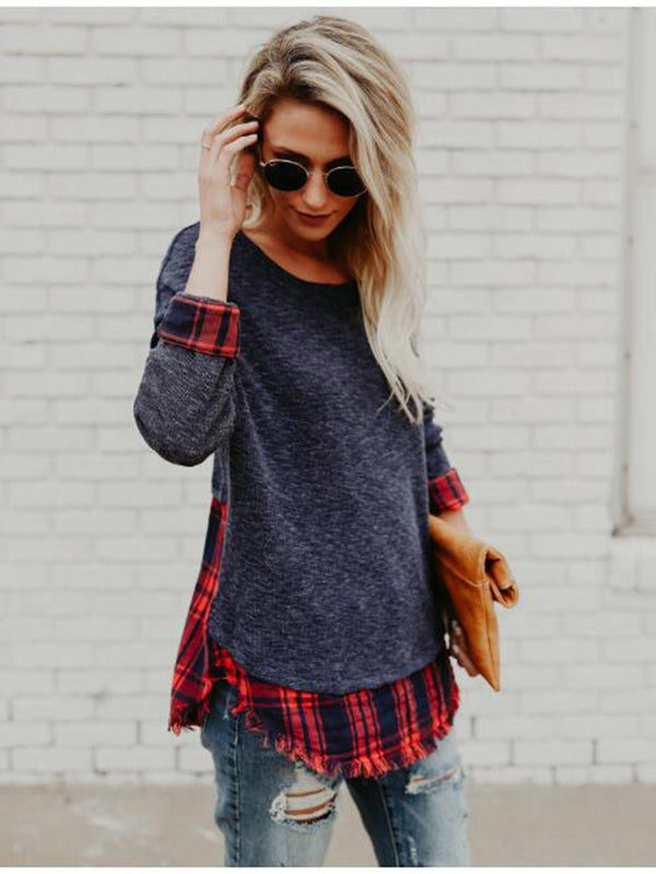 Stitching Plaid Round Neck Long Sleeves T-shirt