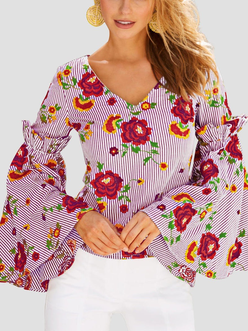 Flare Sleeve Floral Deep V-neck T-shirt - Landing Closet