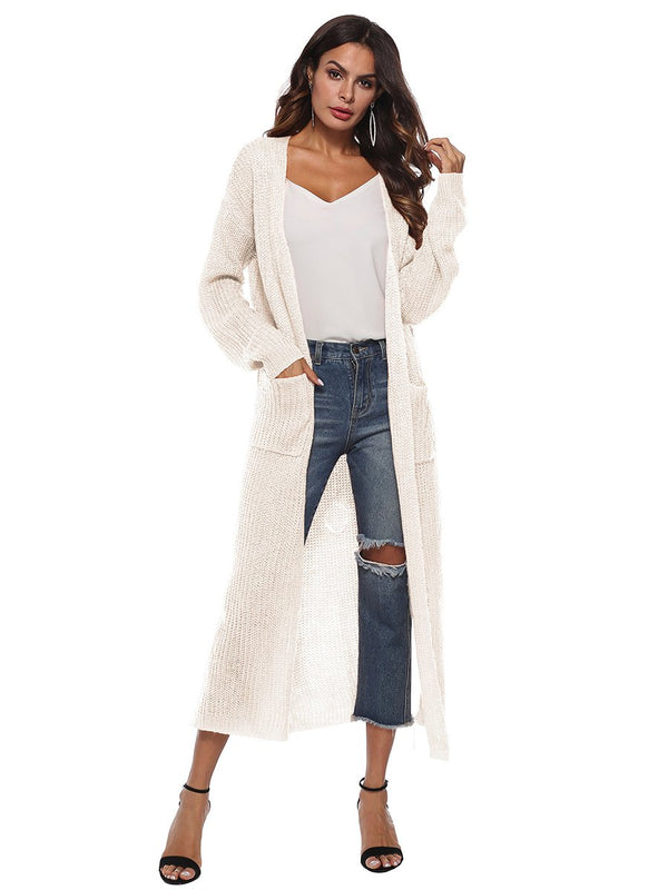 Open Front Long Sleeves Pocketed Knitted Cardigan Coat