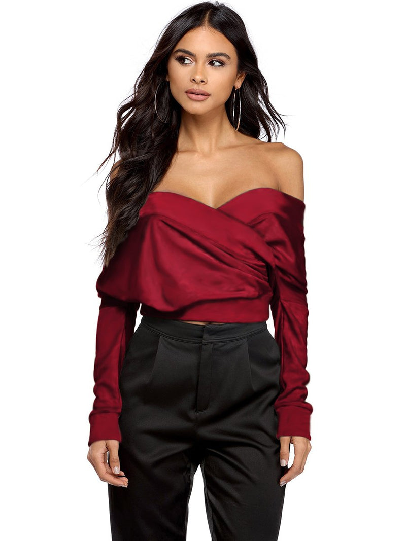 Green Half Sleeve Plain Sexy Off Shoulder Top - Landing Closet