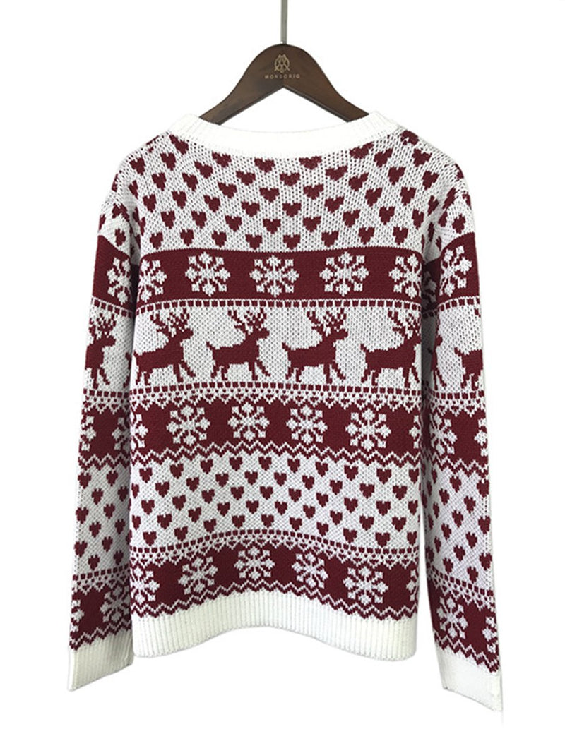 Long Sleeves Elk Snowflake Knitted Pullover Sweater