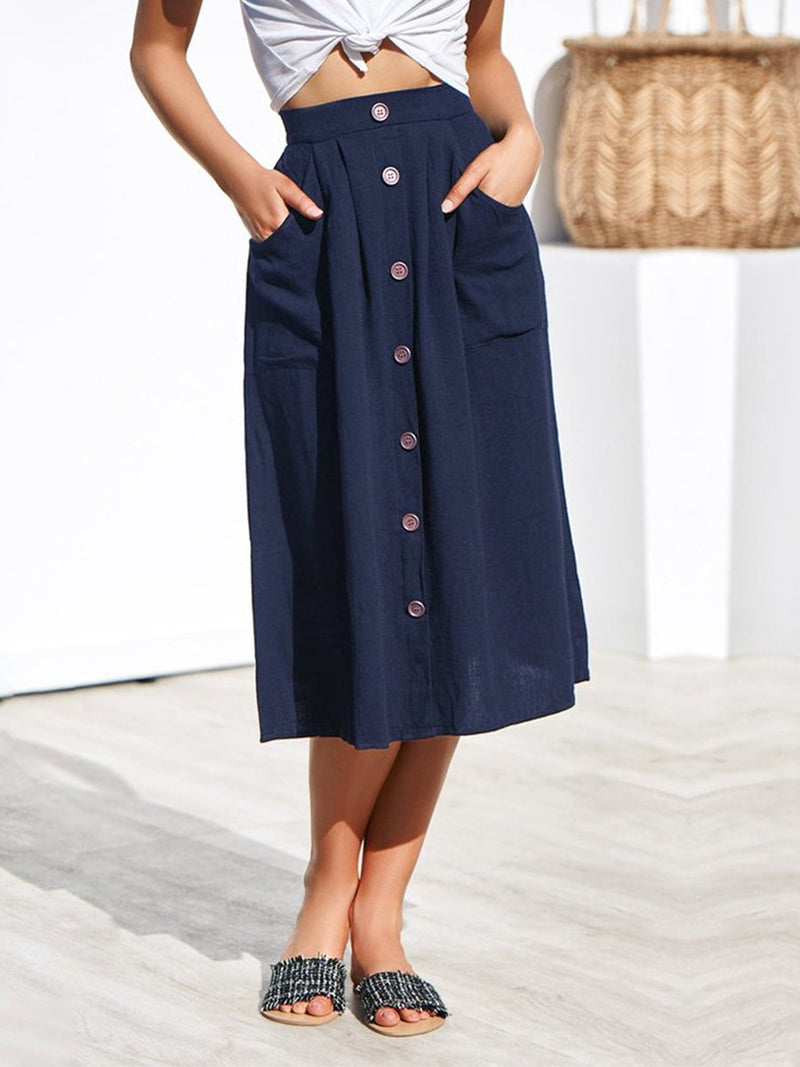 A-lined Buttons Knee Length Midi Skirt with Pockets - Landing Closet