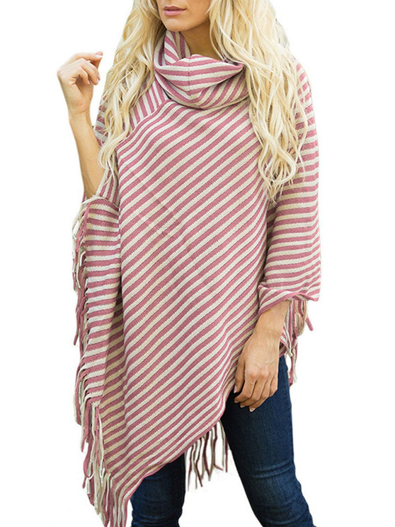 Striped Cape With Turtleneck Knitted Pullover