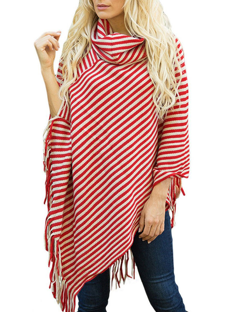 Striped Cape With Turtleneck Knitted Pullover