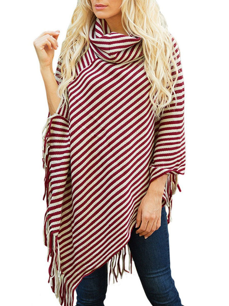 Striped Cape With Turtleneck Knitted Pullover