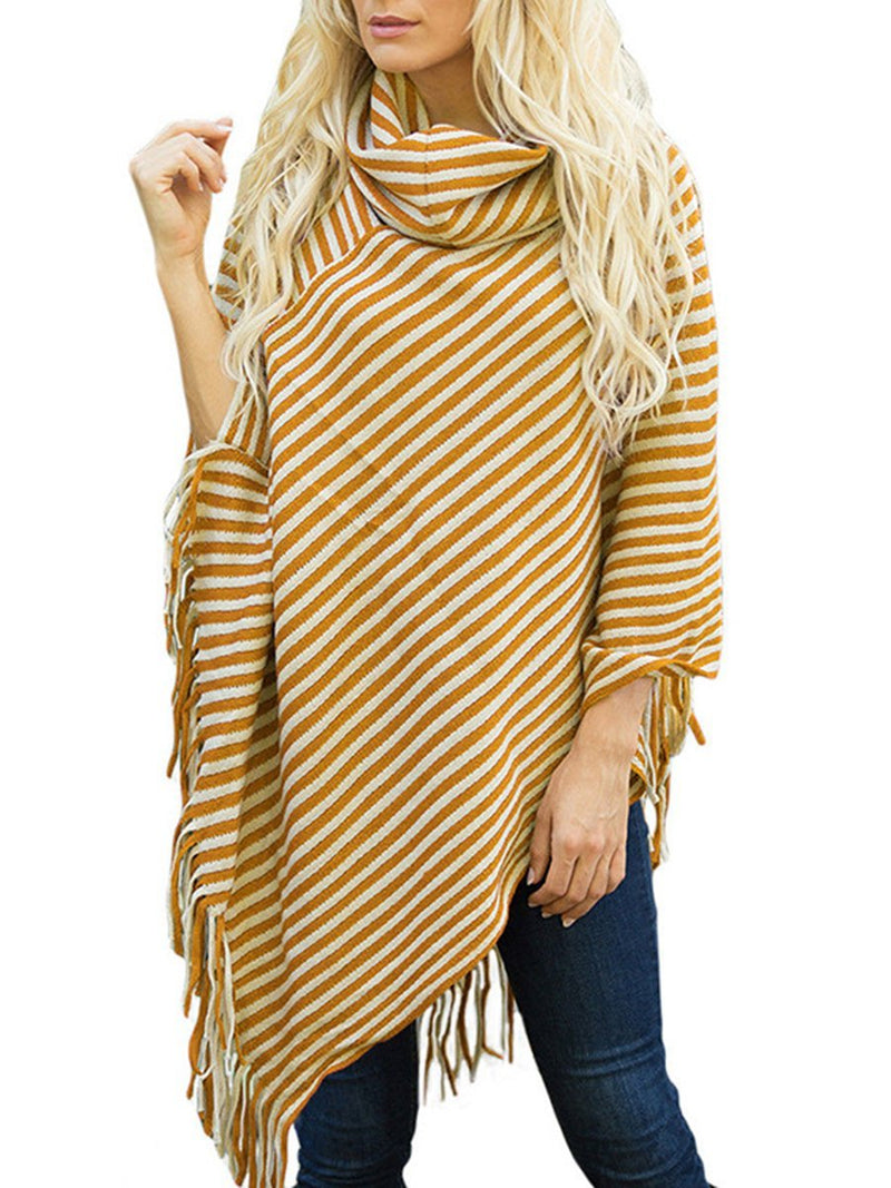 Striped Cape With Turtleneck Knitted Pullover