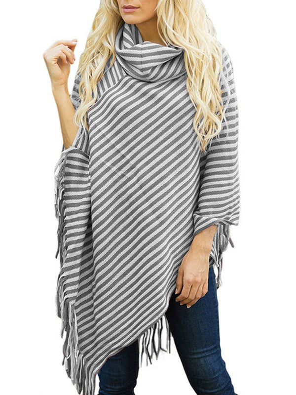 Striped Cape With Turtleneck Knitted Pullover