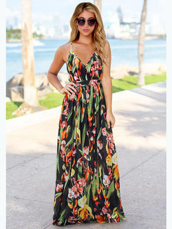 Deep V Neck Floral Adjustable Spaghetti Strap Sleeveless Dress