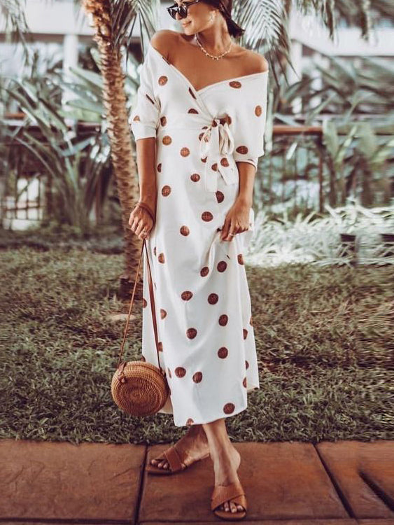 Casual Large Polka Dot V Neck Off Shoulder Maxi Dress