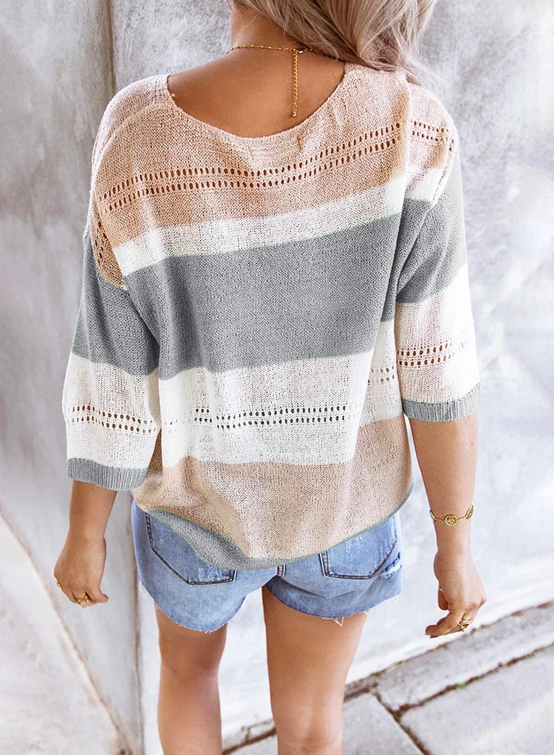 V Neck 3/4 Sleeve Knit T-shirt Tops