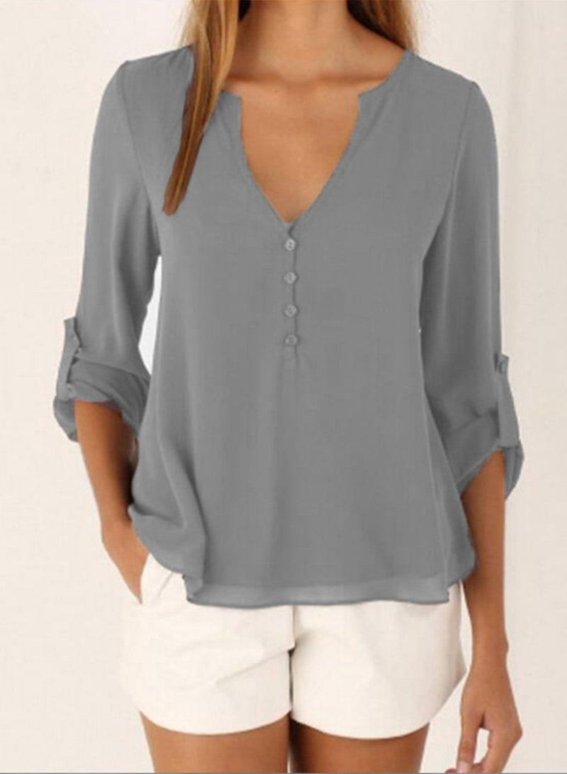 V Neck Long Sleeve Solid Irregular Blouse