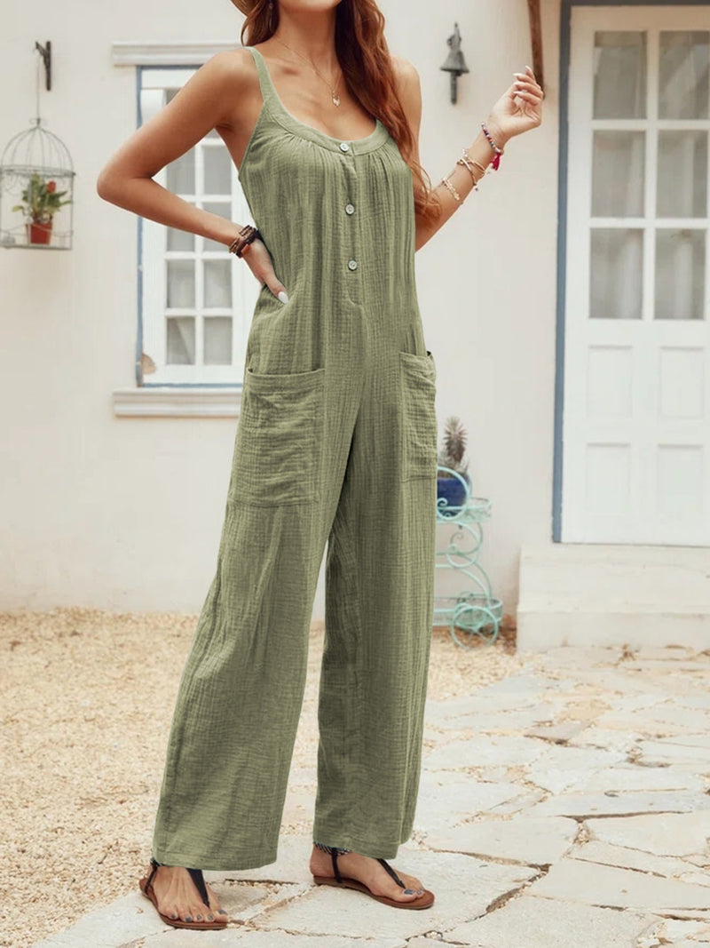 Casual High Waist Spaghetti Jumpsuit, Solid Fashion Sleeveless Button Slim Fitting Jumpsuit, Women's Clothing