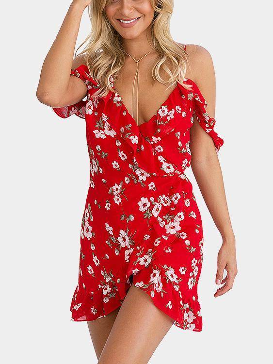 Red Floral Print V Neck Ruffle Cold Shoulder Mini Dress - Landing Closet