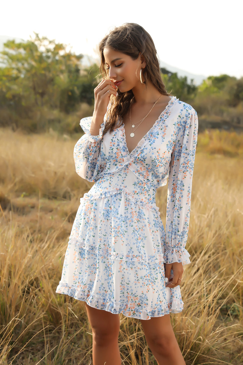 Deep V Neck Long Sleeve Floral Mini Dress