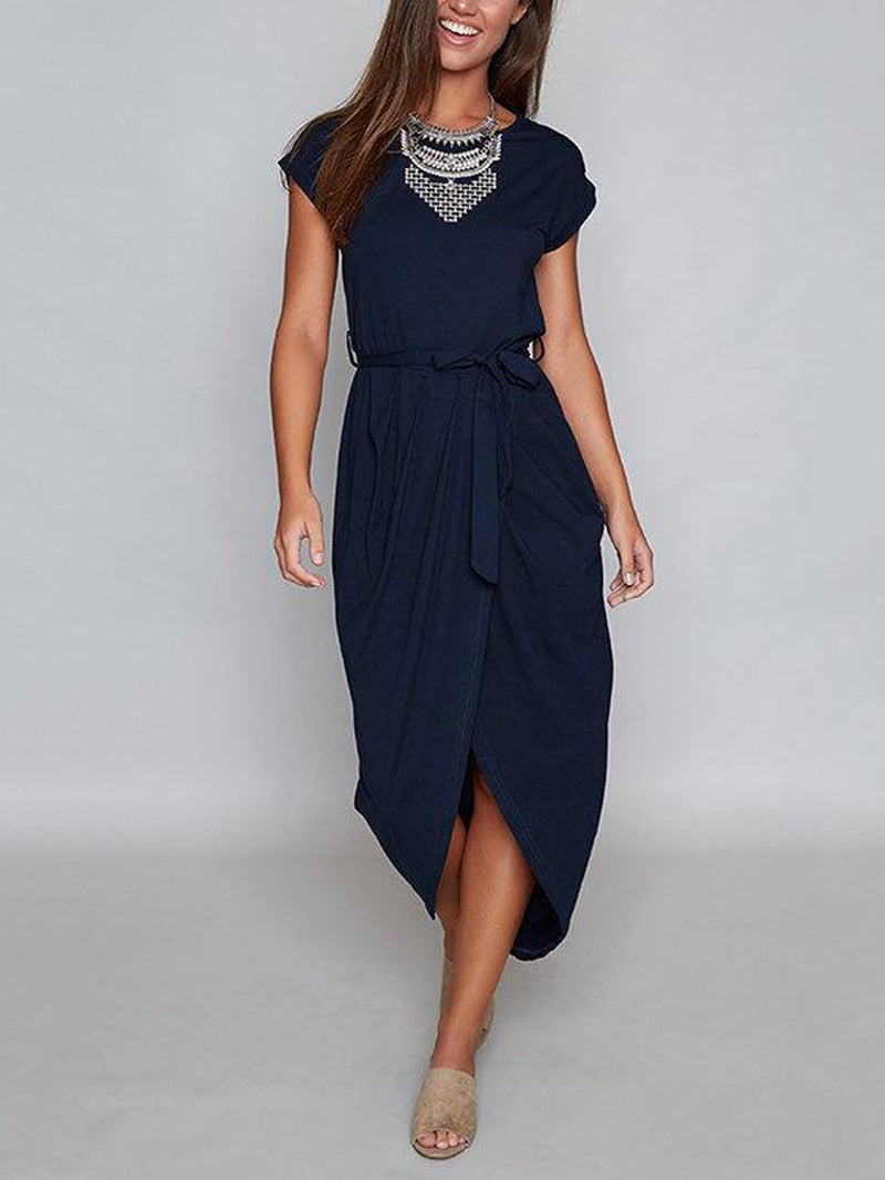 Navy Self-tie Design Irregular Hem Dress - Landing Closet