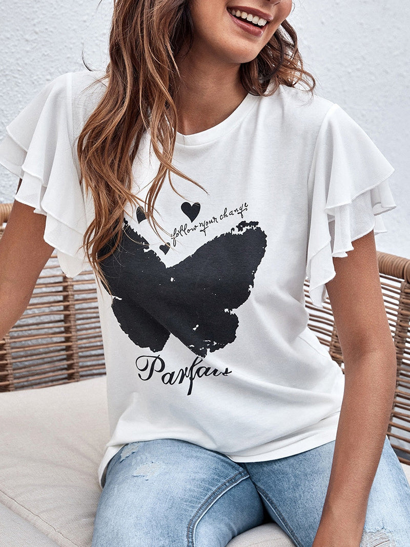 Women's T-Shirts Butterfly Print Crew Neck Ruffle T-Shirt