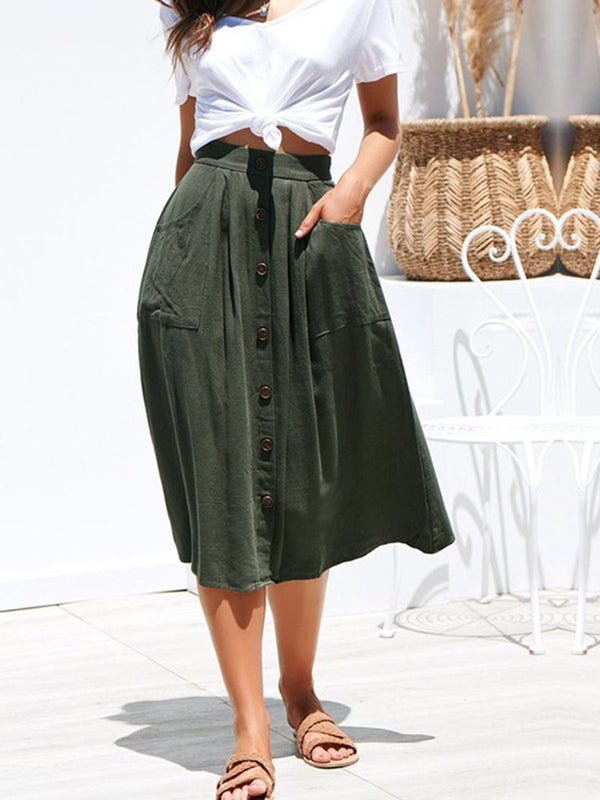 A-lined Buttons Knee Length Midi Skirt with Pockets - Landing Closet