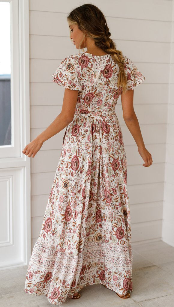 Floral V-neck Short Sleeve Maxi Dress