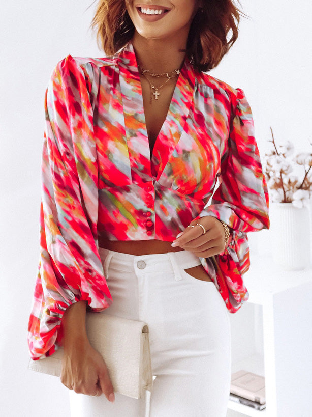 Women's Blouses Deep V Neck Print Balloon Sleeve Blouse