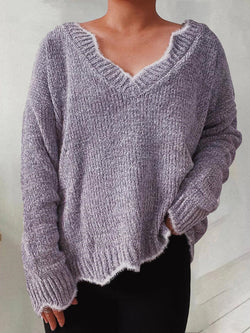 Women's Sweaters Solid Wavy Neck Long Sleeve Sweater