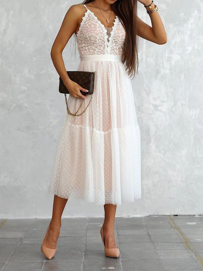 Women's Dresses Sling V-Neck Polka Dot Lace Mesh Dress