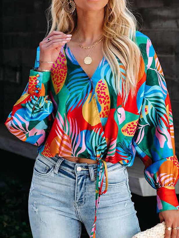 Women's Blouses Printed V-Neck Long Sleeve Casual Blouse