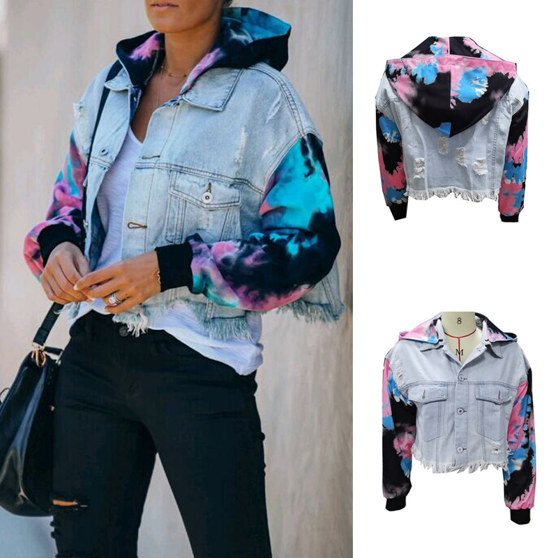 TIE DYE KNIT HOODED DENIM JACKET