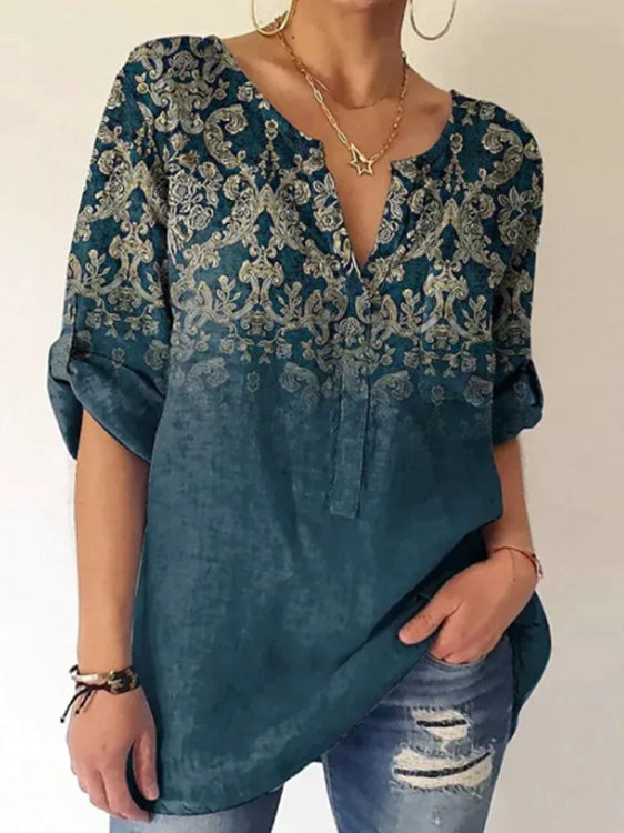 Women's Blouses Printed V-Neck Long Sleeve Casual Blouse