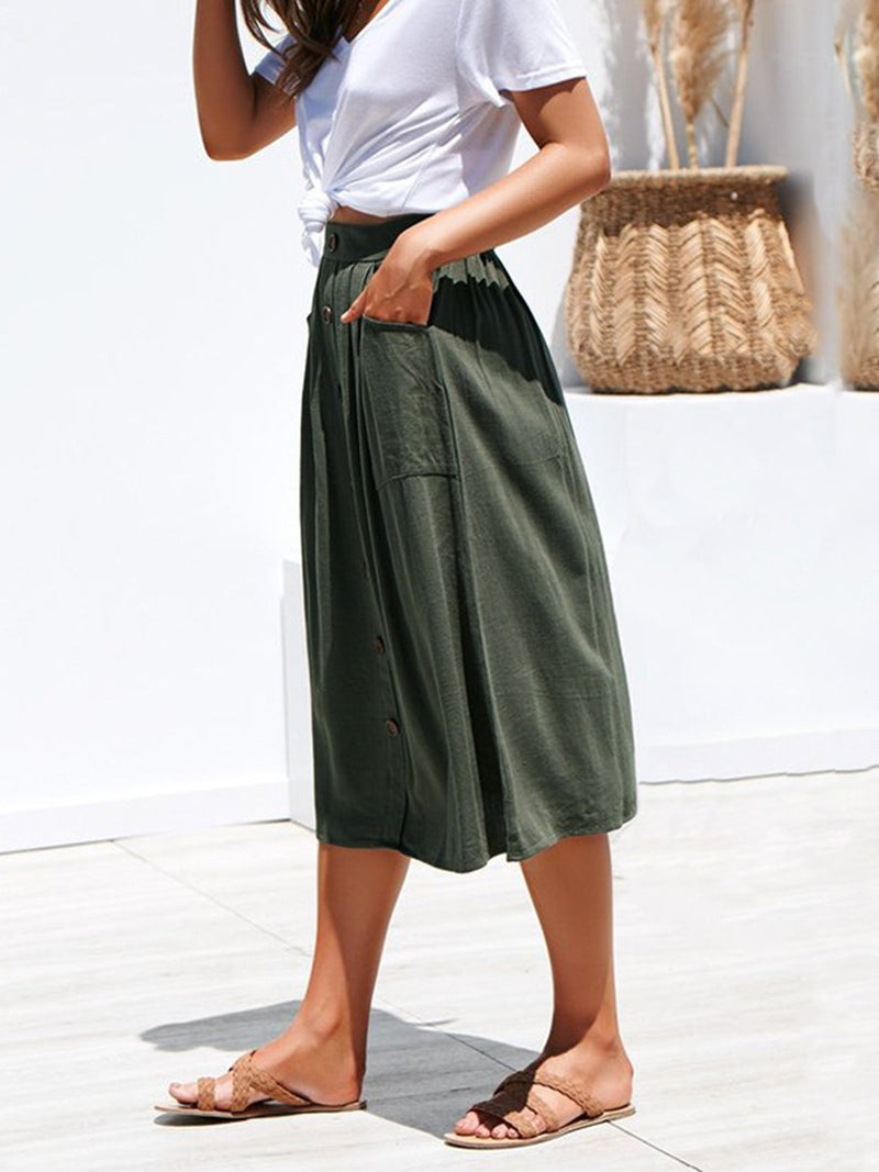 A-lined Buttons Knee Length Midi Skirt with Pockets - Landing Closet