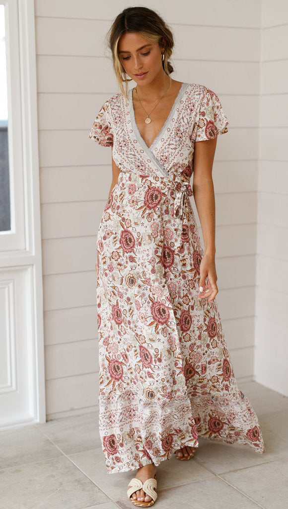 Floral V-neck Short Sleeve Maxi Dress