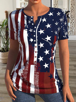 Women's T-Shirts Star Stripe Print Button Short Sleeve T-Shirt