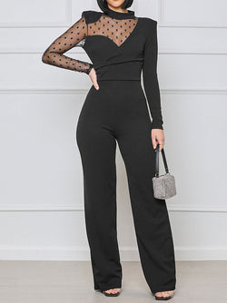 Women's Jumpsuits Mesh Polka Dot Panel Long Sleeve Jumpsuit