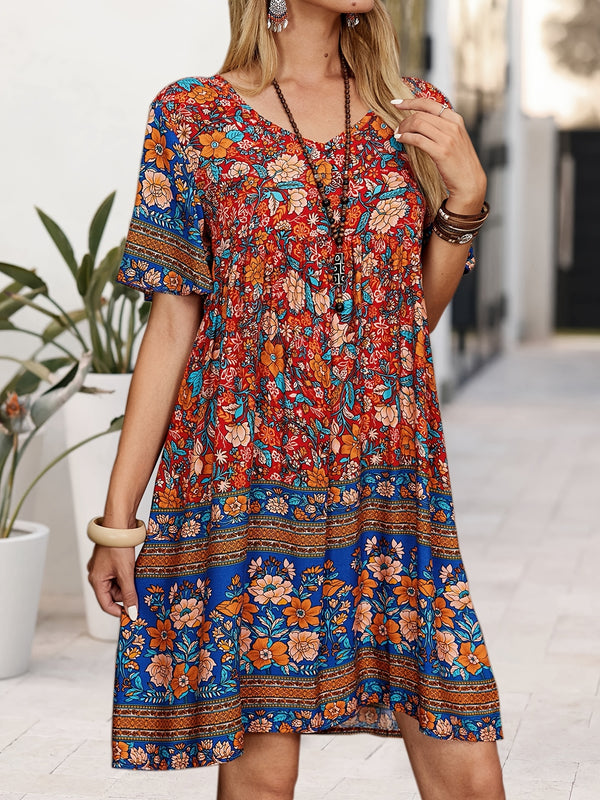 Casual Floral Print V Neck Short Sleeve Mini Dress