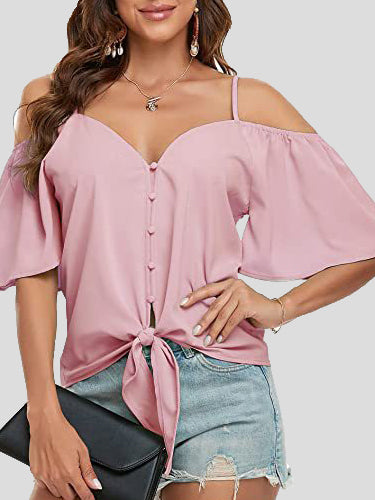 Women's Blouses Sling Single Breasted Knotted Off Shoulder Blouse