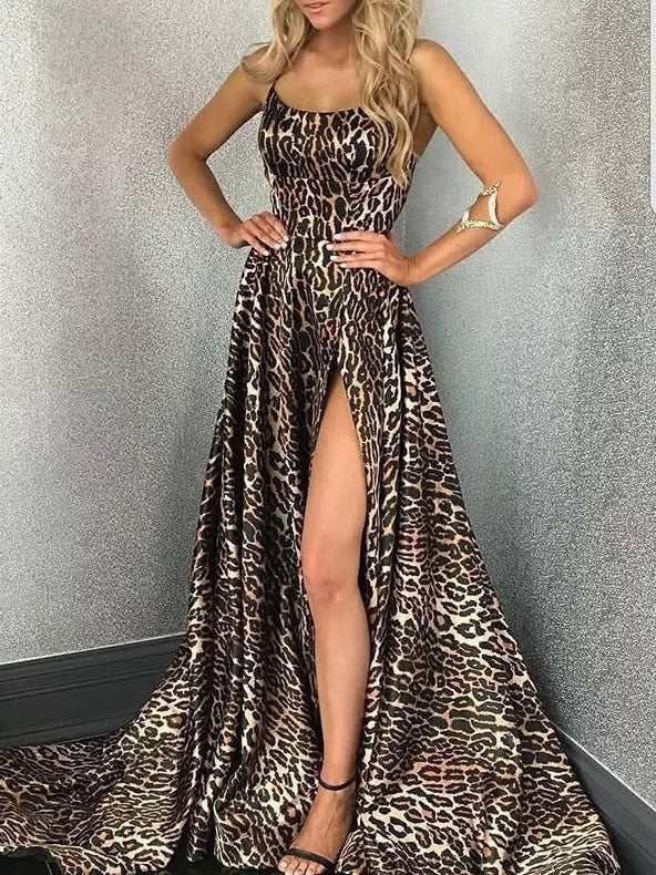 Women's Dresses Leopard Print Open Back Slit Dress