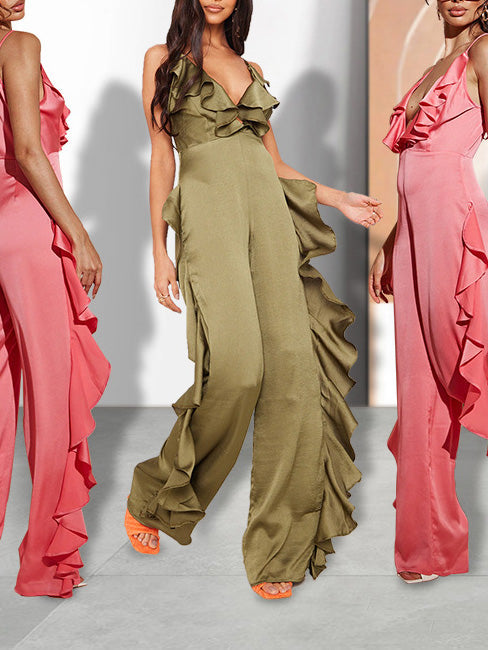 Women's Jumpsuits Deep V Neck Open Back Ruffle Jumpsuit