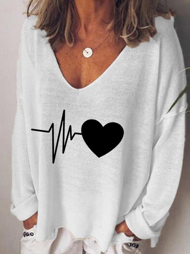 Women's T-Shirts Heartbeat Print V-Neck Long Sleeve T-Shirt