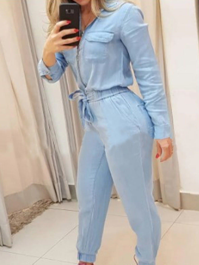 Women's Jumpsuits Zip Elastic Waist Long Sleeve Jumpsuit