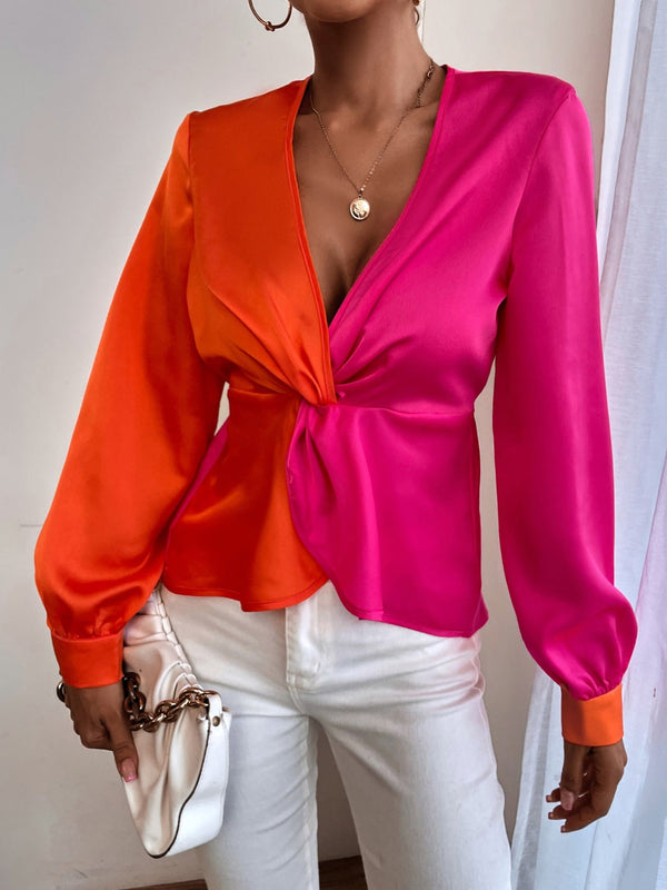 Women's Blouses Colorblock V-Neck Long Sleeve Blouse